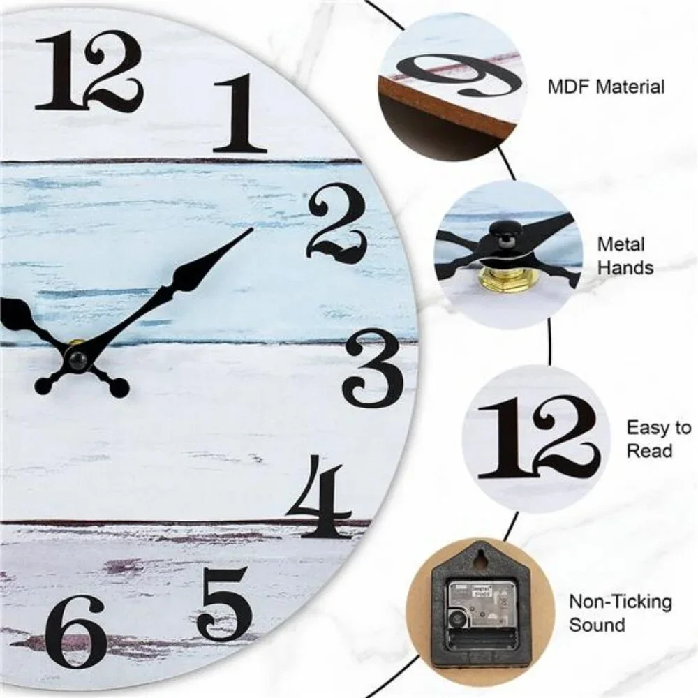Wall Clock 12 Inch Bathroom Clock, Rustic Wall Clocks Battery Operated, Silent - Picture 4 of 7
